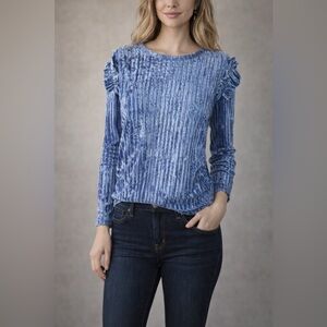 Cotton Emporium Velvet Blue Top with ruffle accents. Excellent Condition. Size S